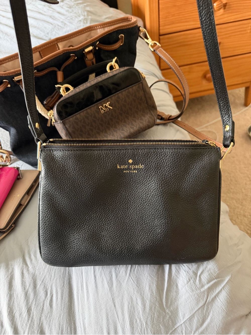 kate spade Black Pebbled Leather Crossbody with Gold Logo